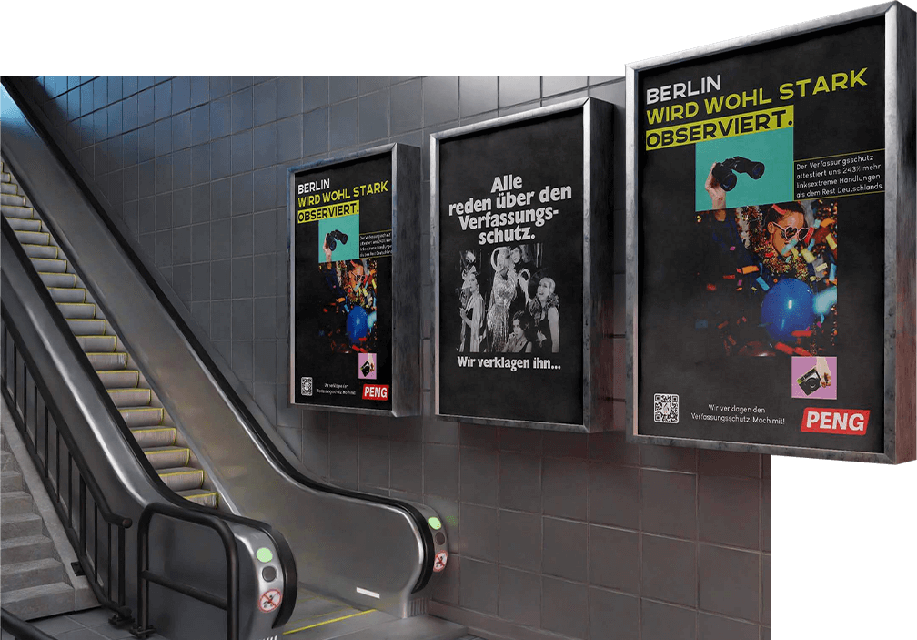 3 poster for campaings of the collective Peng displayed at a subway station