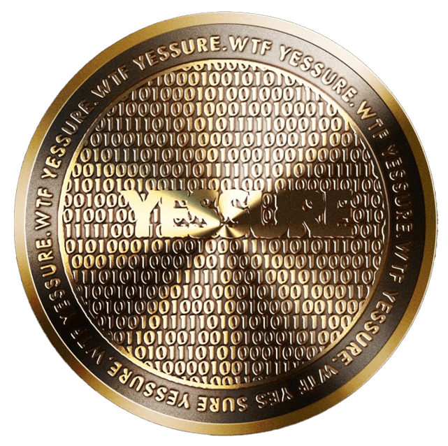 logo for yessure, a shiny golden medal with yessure engraved on a background of 0's and 1's