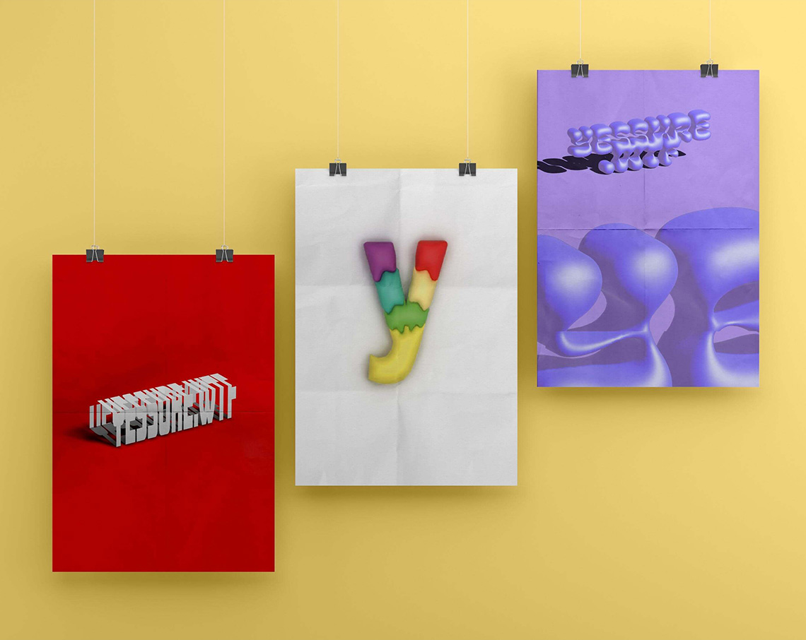 three posters with logo designs for the yessure brand